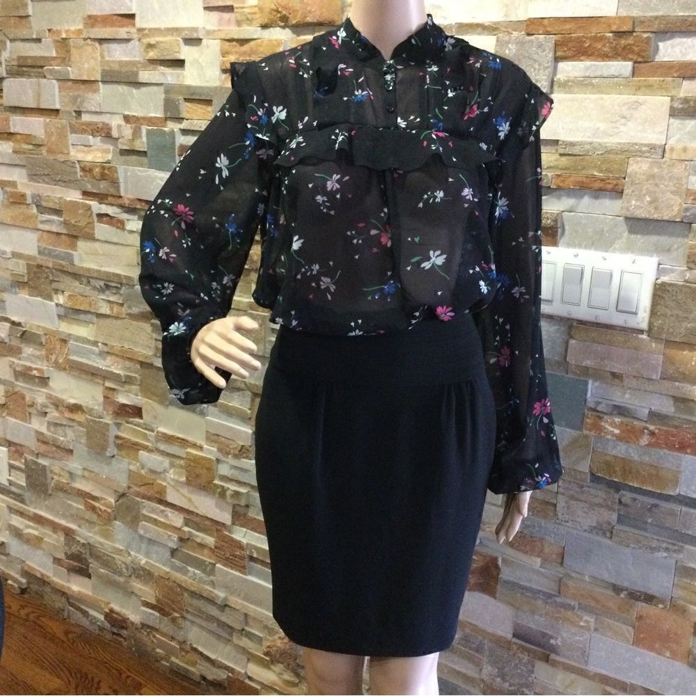 MAJE Letra Floral Flower Print Pattern Semi Sheer Chiffon Crepe Blouse